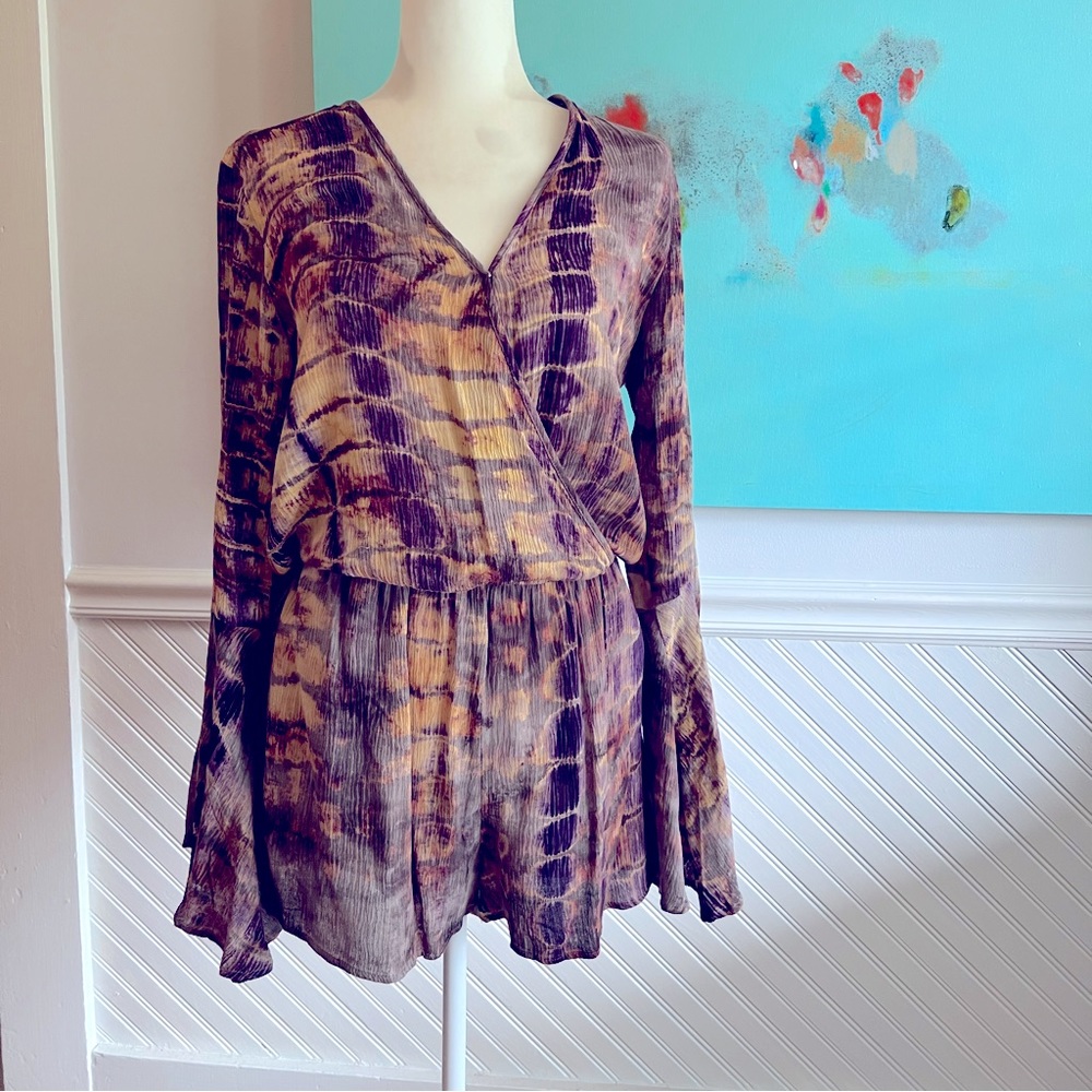 Purple and yellow Tie dye, bell sleeve romper